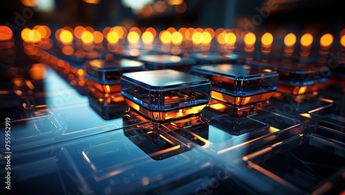 A row of glass cubes lit up from the inside with orange light. The cubes are stacked precariously on top of each other, with a dark background behind them. © LIDIIA