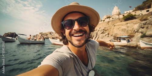 Man tourist taking a selfie on vacation  background