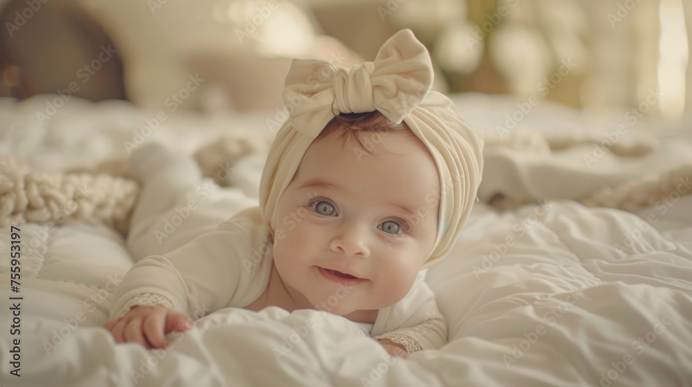 Cute baby with a big bow laying on a bed. Perfect for baby shower invitations. Cute baby with a big bow laying on a bed. Perfect for baby shower invitations.