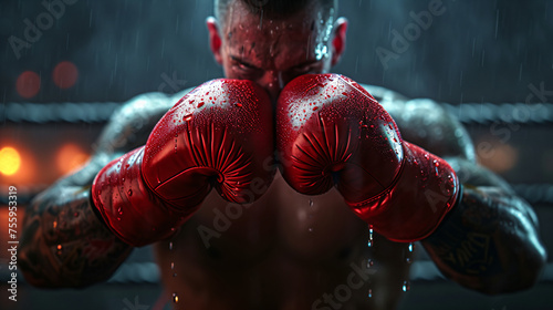 Boxer fighter in red gloves on blurred dark background. Sportsman muay thai boxer fighting. Closeup of boxer hand. Sport, power and fight concept for banner, card, poster © ratatosk