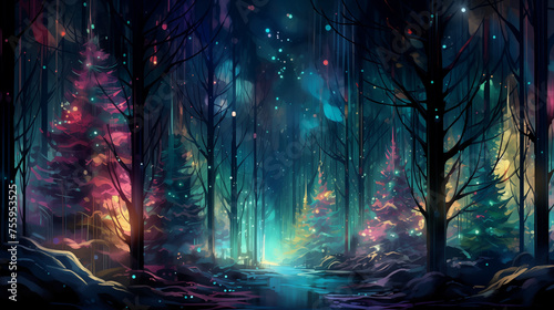 Enchanted Winter Forest  Illustration of a Magical Nighttime Scene  Where Trees Glisten with Frost and the Moonlight Casts a Spellbinding Glow. Captures the Mystique and Wonder of a Winter Fairy Tale
