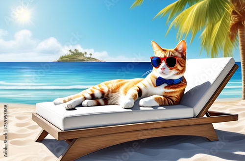 red cat lies importantly on a sun lounger on the seashore photo