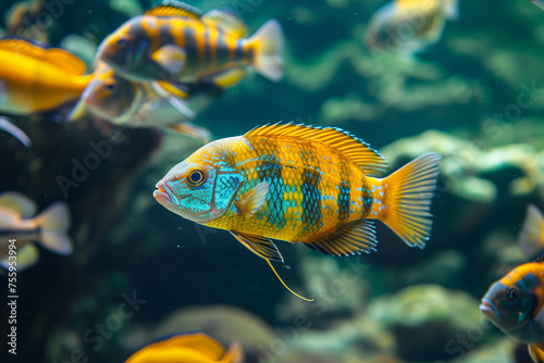 Haplochromis obliquidens, Electric yellow cichlid, cichlid, African cichlids (Malawi Peacock) in the sea. bunch of fish. yellow small fish, metallic blue gray cichlids in freshwater aquarium