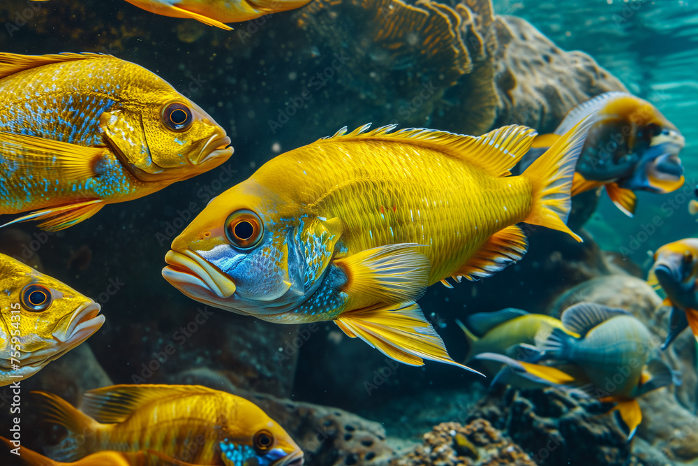 Fototapeta premium Haplochromis obliquidens, Electric yellow cichlid, cichlid, African cichlids (Malawi Peacock) in the sea. bunch of fish. yellow small fish, metallic blue gray cichlids in freshwater aquarium
