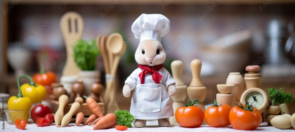 Humorous Bunny, Colorful Easter Eggs, Wearing Apron on Blurred Defocused White Kitchen Background