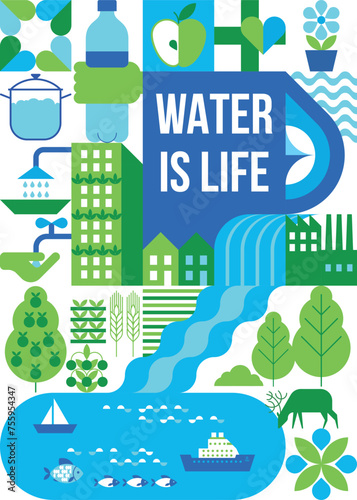 Abstract water background with nature elements. Ecosystem that carefully uses and consumes water resources