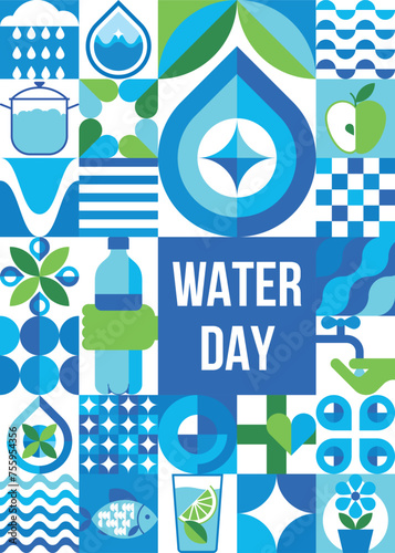 World water day abstract geometric poster with water and nature symbols. Water resource eco using and saving concept.Background, banner, flyer, pattern