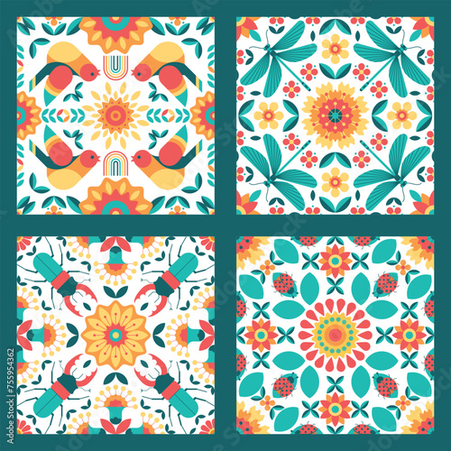 Set of spring seamless pattern with bird, dragonfly, stagbeetle, ladybug and flowers.  Abstract floral ornament with nature elements. Background, texture for tile, wallpaper, paper,  fabric, packaging