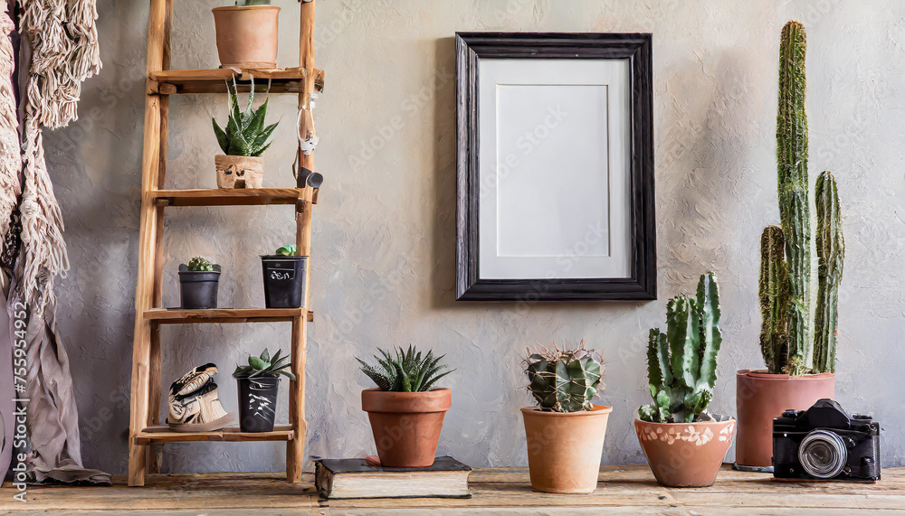 Interior design of living room with black poster mock up frame, shelf, cacti, plant, books, photo camera, wooden ladder and elegant personal accessoreis. Grunge wall. Stylis