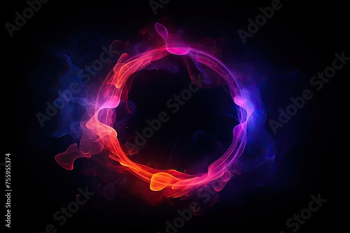 texture of fiery magical neon transparent pink smoke in a round frame. black backdrop