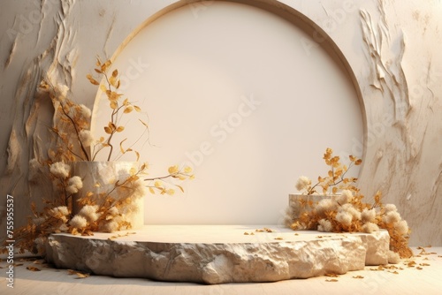 round podium with gold-plated plants for the presentation of luxury products. stone stand with arch and marble columns. light background