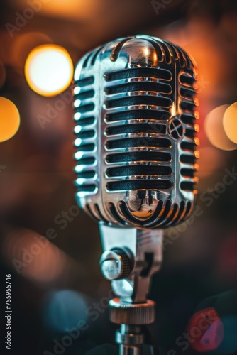 Detailed close-up of a microphone on a table. Perfect for music and podcasting themes.