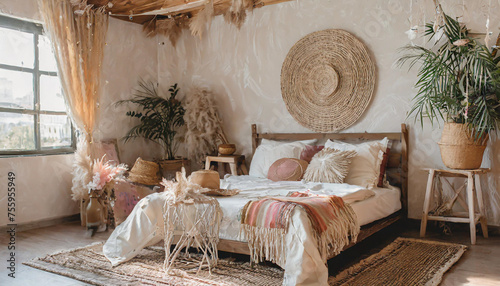 Farmhouse wooden bedroom in boho style in white and beige tones. Double bed, hanging chair and potted plants. Window with shutters and wallpaper. Country vintage interior design