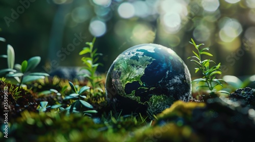 Glass globe on vibrant green grass, suitable for environmental concepts.