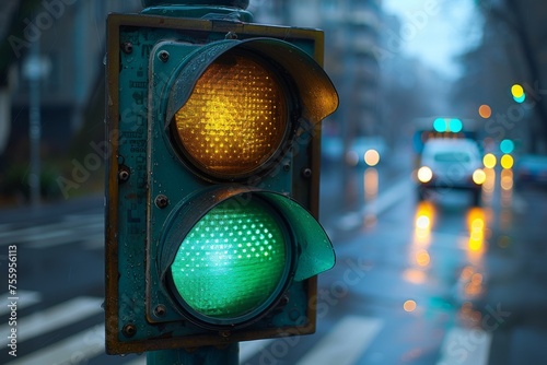 Close-up of a traffic light showing green on a rainy street with blurred vehicle lights