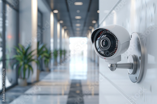 A white CCTV camera is mounted on the wall of an office building, with a hallway in the background. Generative AI