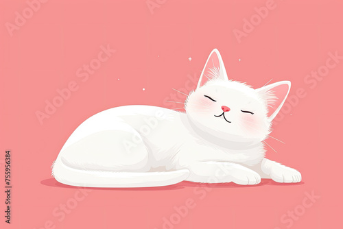 Happy calm white cat sleeping, relaxing on mat. Cute home kitty lying, resting. Sleepy feline animal with collar. Flat vector illustration isolated on pink background