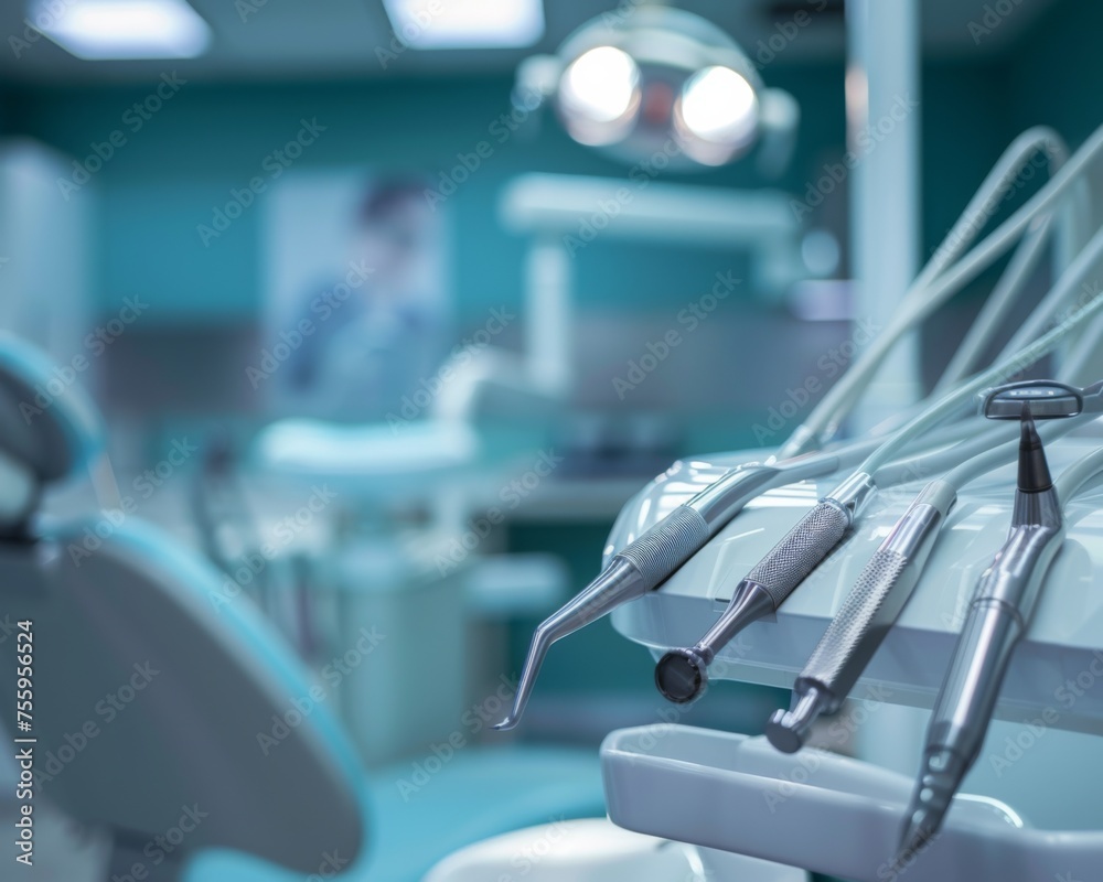 A modern dentist chair equipped with various dental tools for examinations and treatments. A modern dentist chair equipped with various dental tools for examinations and treatments.