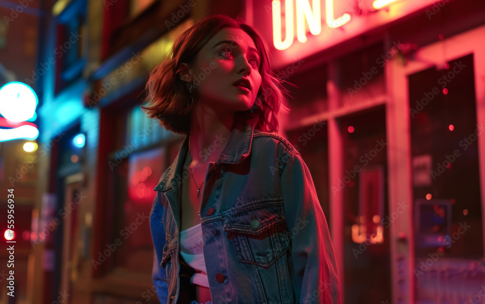 Obraz premium Young woman standing outside diner at night