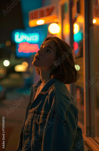 Young woman standing outside diner at night