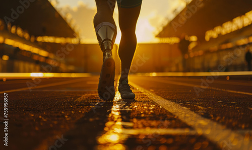 Athlete running on track towards the sun