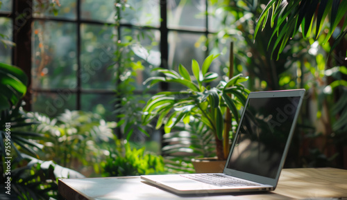 Laptop and lot of green plants in the interior of the room