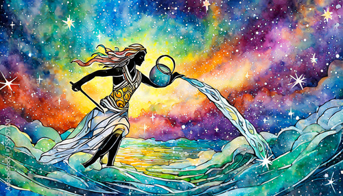 abstract background aquarius zodiac water bearer throwing water from a jug