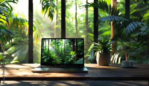 Laptop on wooden table in green house with nature view