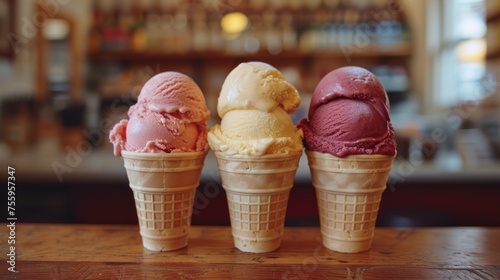 three scoops of ice cream sit in a row on a wooden table in front of a blurry bar.