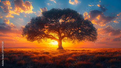 Single tree in the middle of field with sun rays shining through the branches