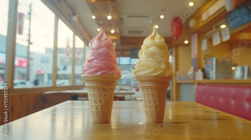 two ice cream cones sitting on top of a wooden table in front of a window with a view of a restaurant. photo