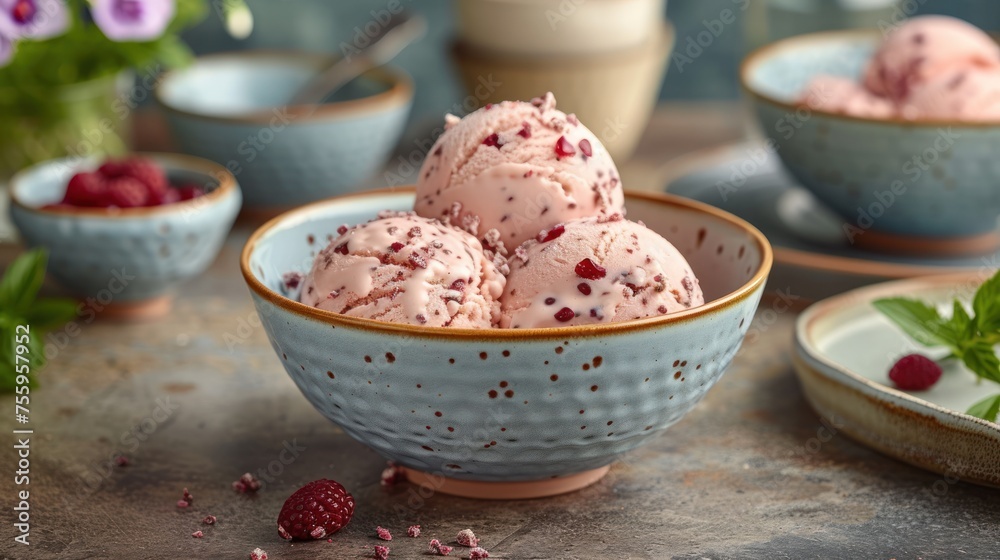 a bowl of raspberry ice cream next to a bowl of raspberries and a cup of coffee. a bowl of raspberry ice cream next to a bowl of raspberries and a cup of coffee.