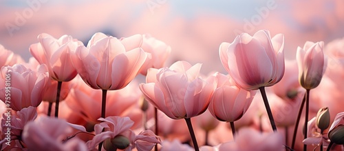 pink tulips bloom against a pastel sky