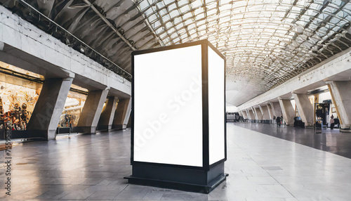 Blank white digital billboard black frame light box in subway station, empty poster advertisement on tile wall background for mockup, design, display,