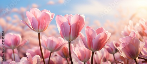 pink tulips bloom against a pastel sky