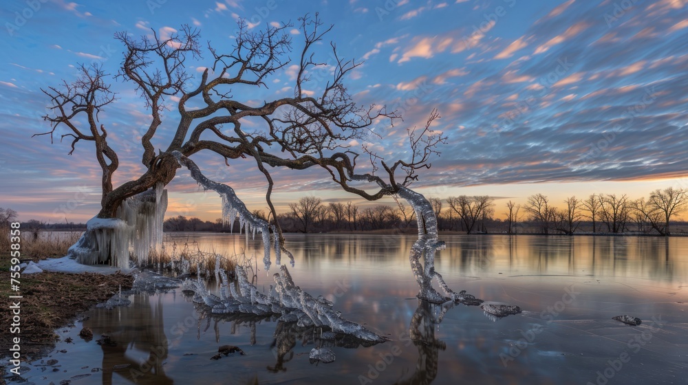 a tree is standing in the middle of a body of water with ice hanging off of it's branches.