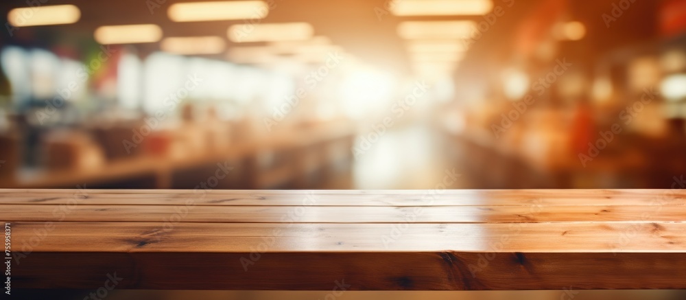 A rectangular hardwood plank table sits empty in a room with a blurry restaurant background, showcasing tints and shades of wood stain and varnish on the flooring