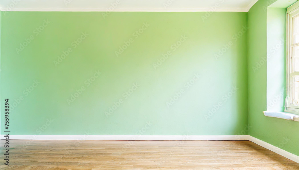 Light green wall in an empty room with a wooden floor
