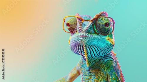A vibrant chameleon wearing glasses, perfect for educational materials.