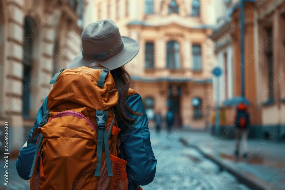 A woman wearing a hat and backpack walking down a street. Suitable for travel and lifestyle concepts. A woman wearing a hat and backpack walking down a street. Suitable for travel and lifestyle concepts.