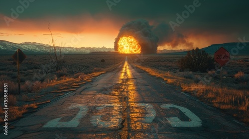 A road is engulfed in a massive nuclear explosion, causing widespread destruction and devastation.