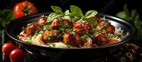 Spaghetti with meat balls in a black bowl on a dark slate