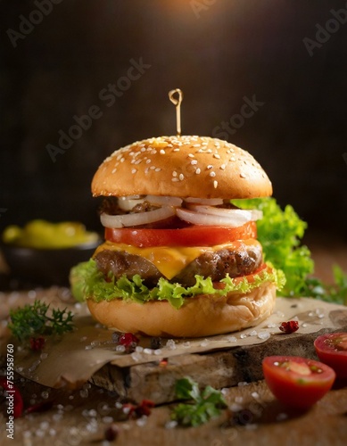 Delicioso cheeseburger em cen  rio r  stico com pouca ilumina    o