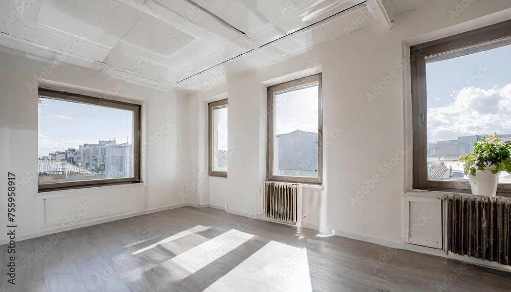 an empty room with wood flooring and white paint on the walls there is a large window in the corner. Copy space image. Place for adding text or design an empty room with wood flooring and white paint on the walls there is a large window in the corner. Copy space image. Place for adding text or design