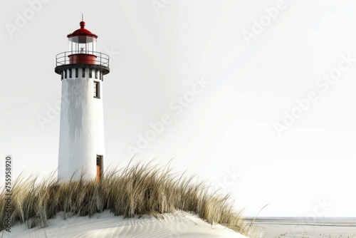 A picturesque lighthouse standing on top of a sandy dune. Perfect for travel and nature themes.