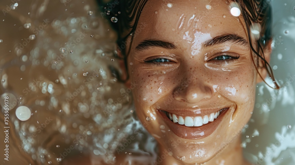 A woman smiling in the shower with water flowing over her head. Suitable for health and beauty concepts.