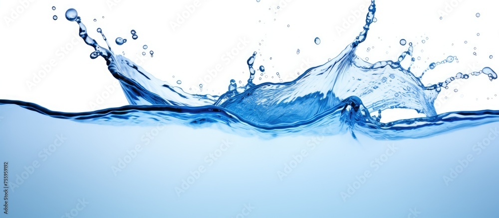 A close up of liquid splashing on a white background resembling an electric blue natural landscape with snowcovered trees and twigs on a freezing slope A close up of liquid splashing on a white background resembling an electric blue natural landscape with snowcovered trees and twigs on a freezing slope