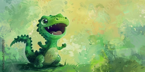 Smiling baby dragon isolated on the mixed green, pastel background with copy space