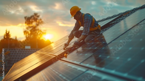 Construction worker connects photo voltaic panel to solar system using screwdriver. Alternative cheap sun energy production and profitable financial investment concept. Generative ai