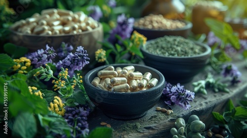 Alternative naturopathy, homeopathy, herbal medicine concept. Herbs, flowers and capsules on natural stone background. Natural health and wellness concept. Generative ai